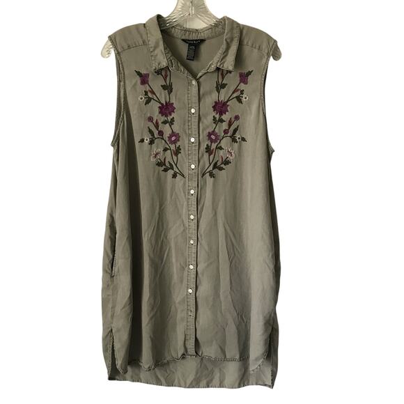 Terre Bleue Dress Size XL Womens Gray Button Up Sleeveless Embroidery Floral - Picture 1 of 8